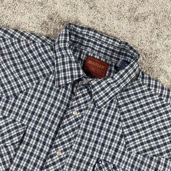 Rustler Western Shirt Mens XXL Pearl Snap X Long Tails Plaid Blue Black - Picture 1 of 10